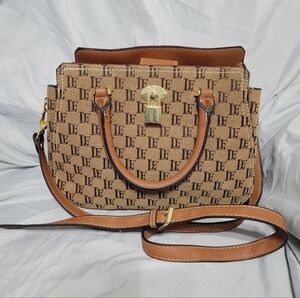 London Fog Beige and Brown Monogram Satchel